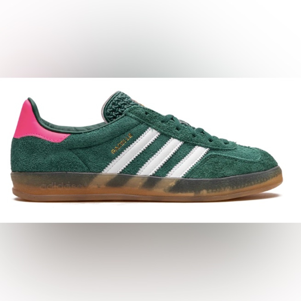 adidas Green Suede Sneakers with White Stripes and Pink Heel
